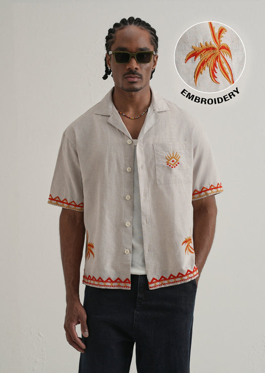 Tan Embroidery Cuban Collar Shirt