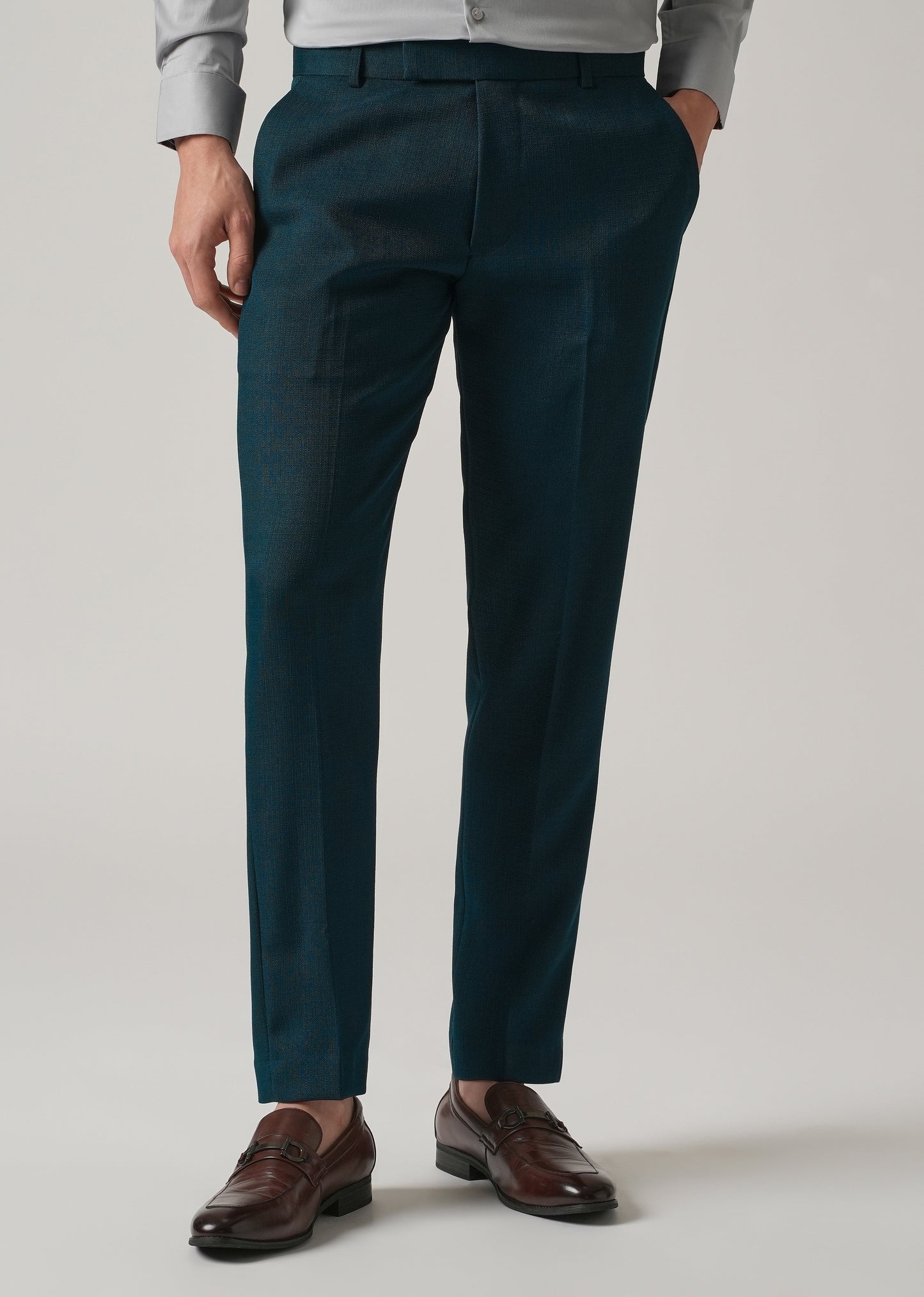 Teal Blue Blended Linen Formal Trouser