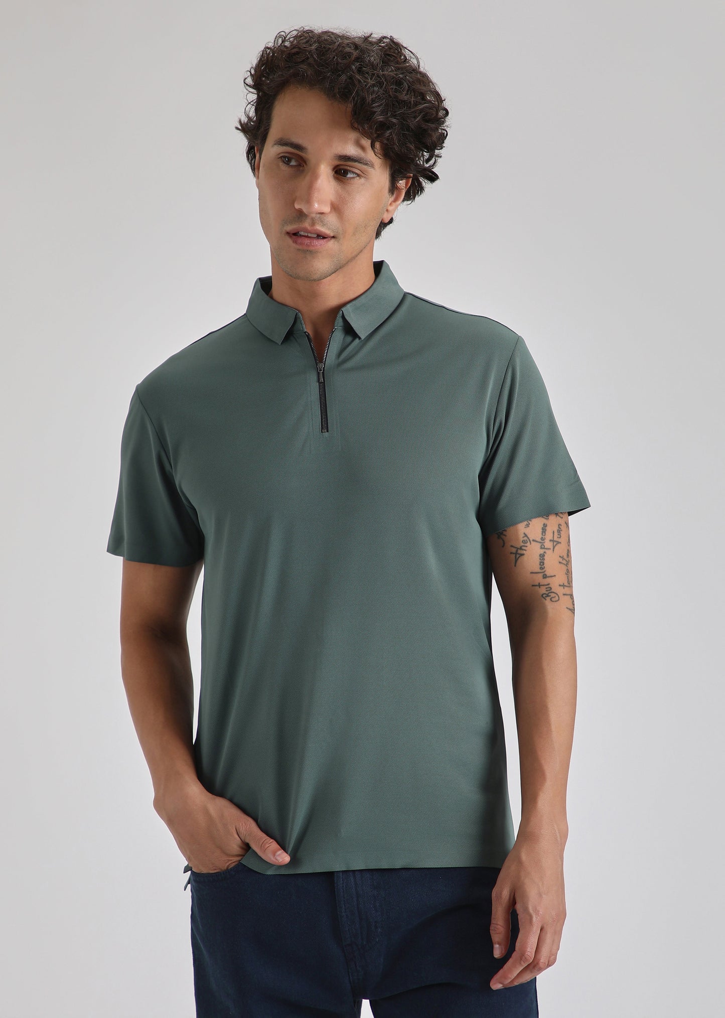 Teal Plain Zipper Stitchless Polo T-shirt