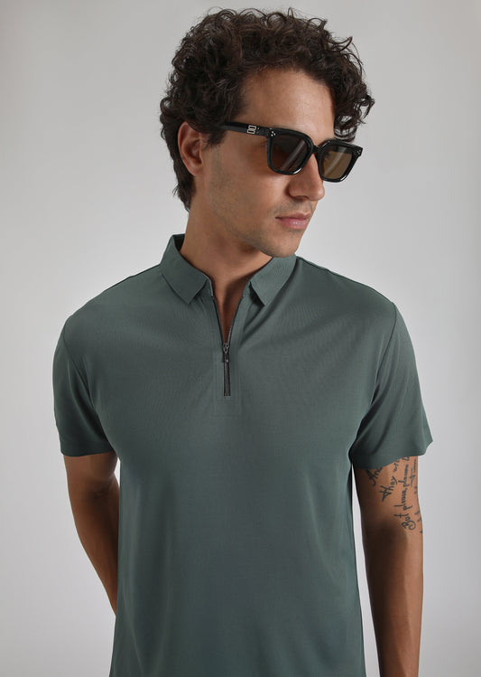 Teal Plain Zipper Stitchless Polo T-shirt