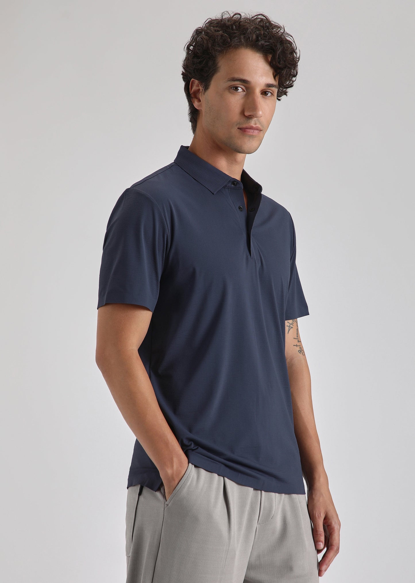Textured Blue Plain Stitchless Polo T-shirt