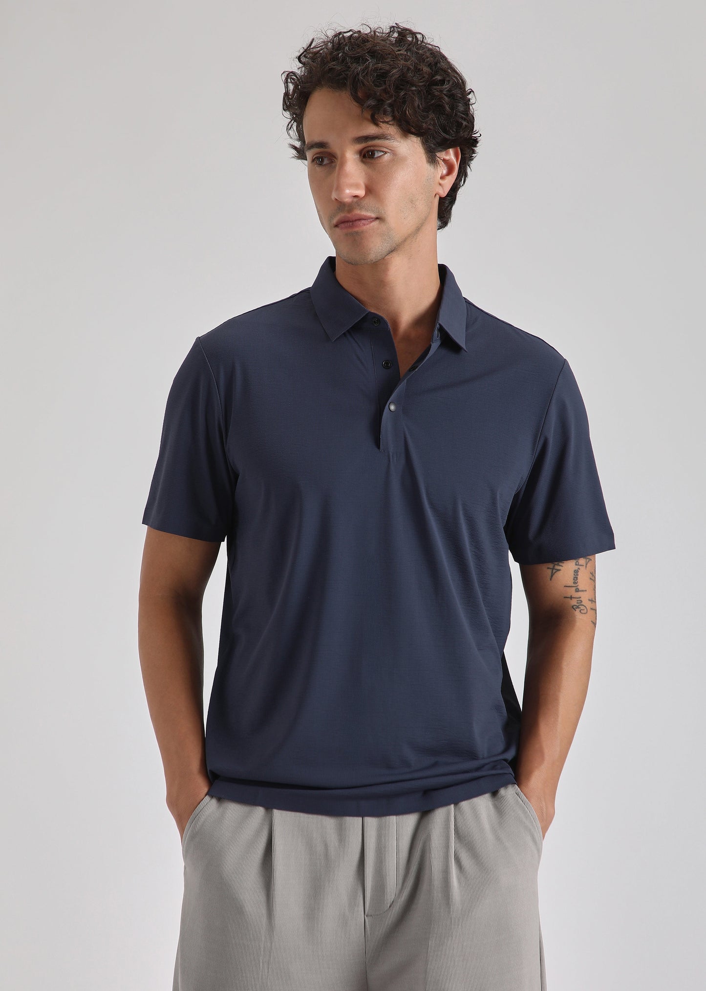 Textured Blue Plain Stitchless Polo T-shirt