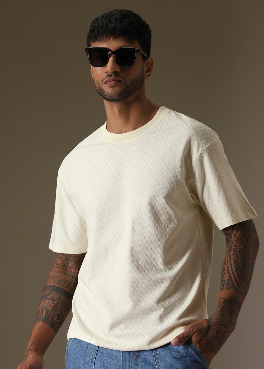 Textured Off White Plain Oversized T-shirt