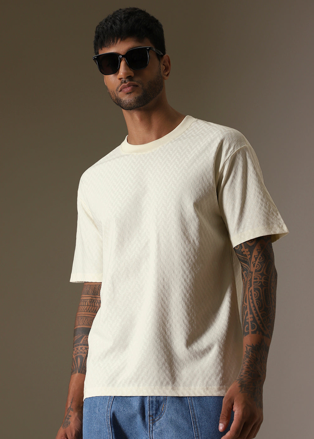 Textured Off White Plain Oversized T-shirt