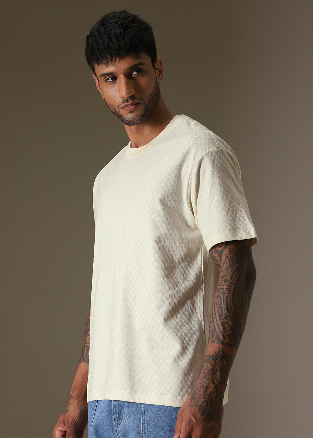 Textured Off White Plain Oversized T-shirt