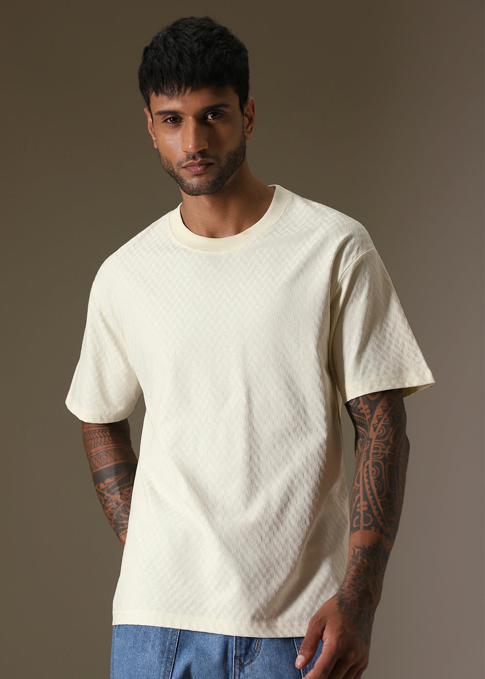 Textured Off White Plain Oversized T-shirt