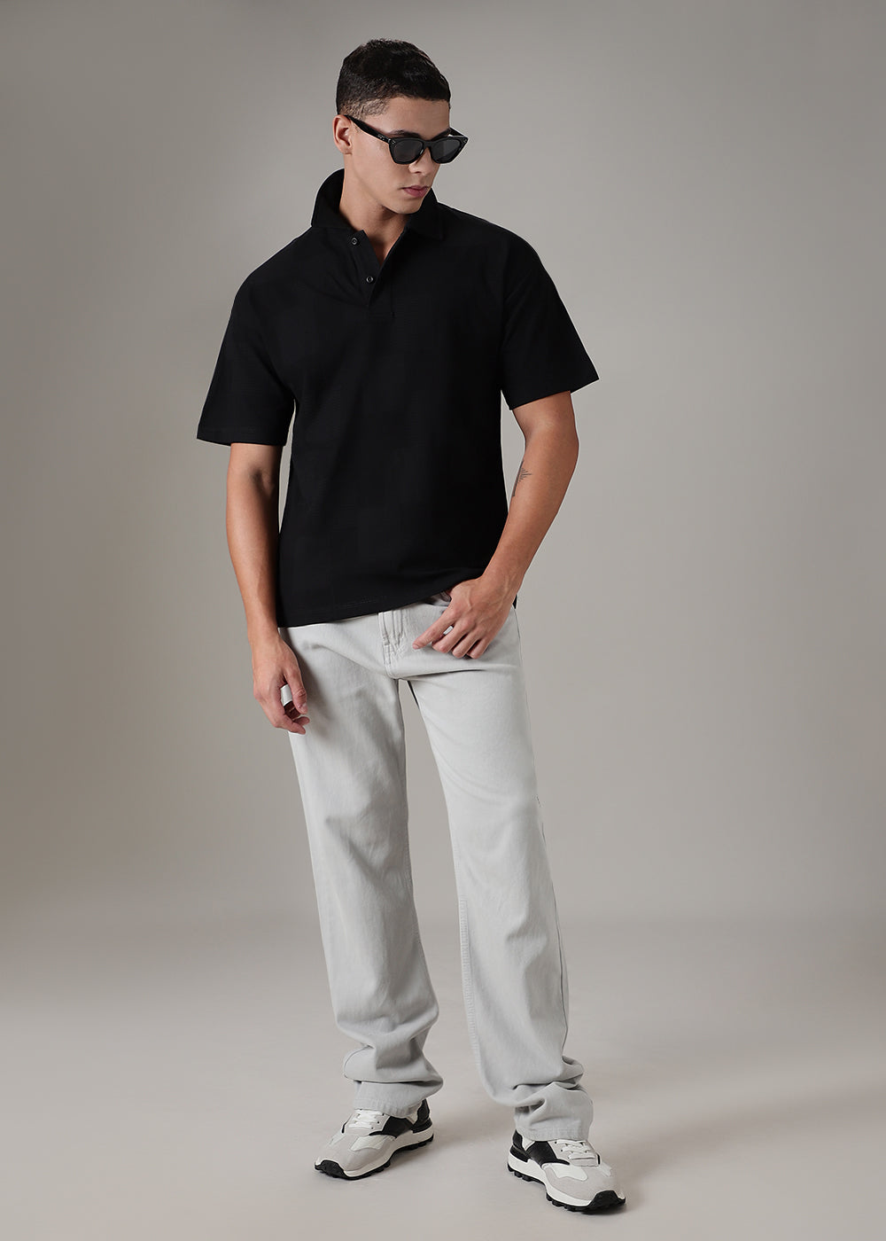 Textured Weave Black Plain Polo T-shirt