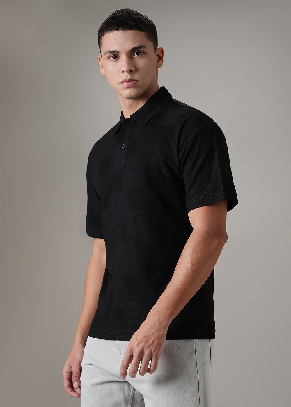 Textured Weave Black Plain Polo T-shirt