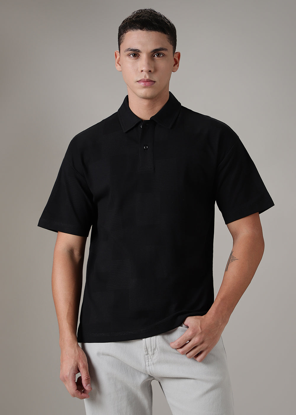 Textured Weave Black Plain Polo T-shirt
