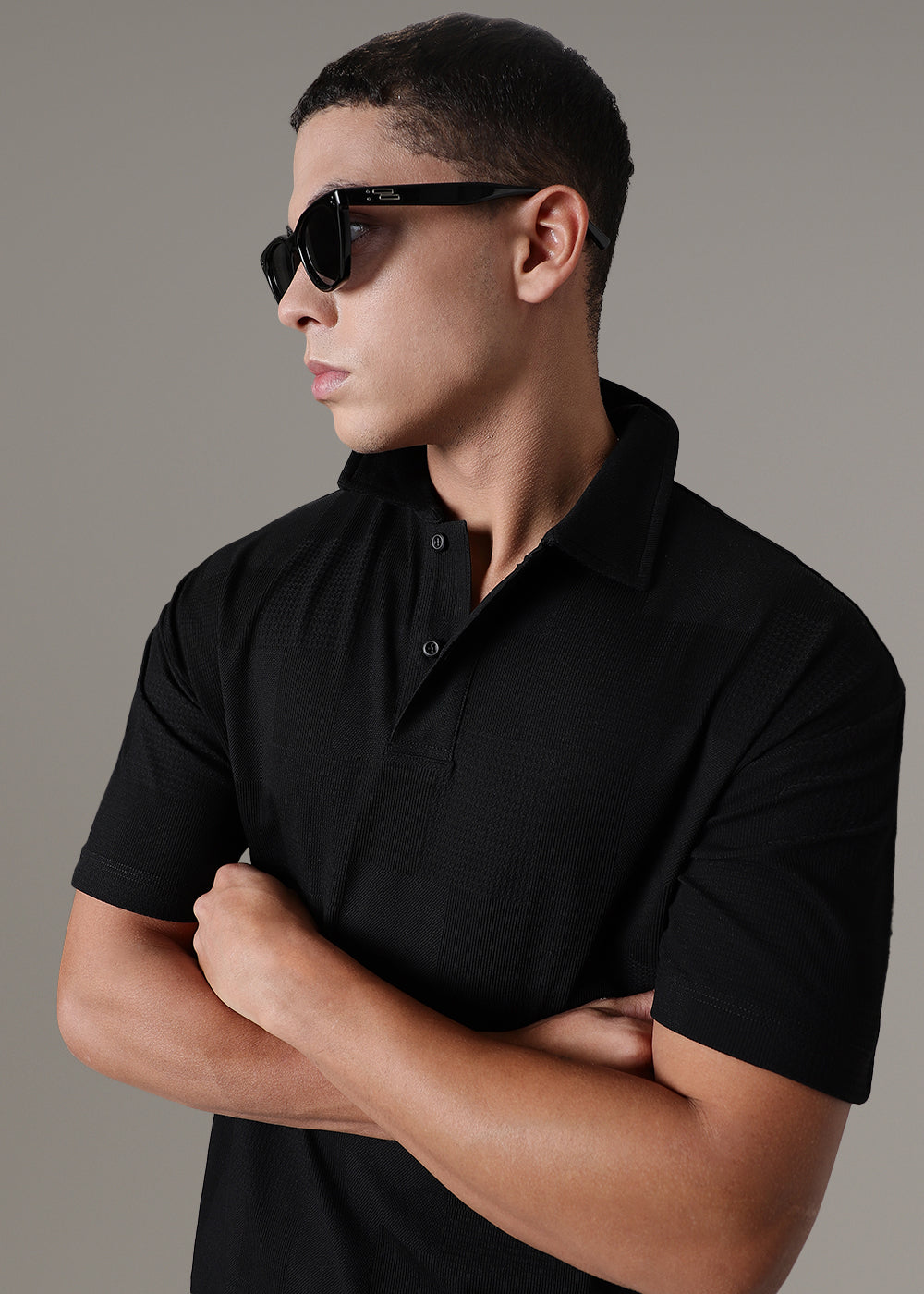 Textured Weave Black Plain Polo T-shirt