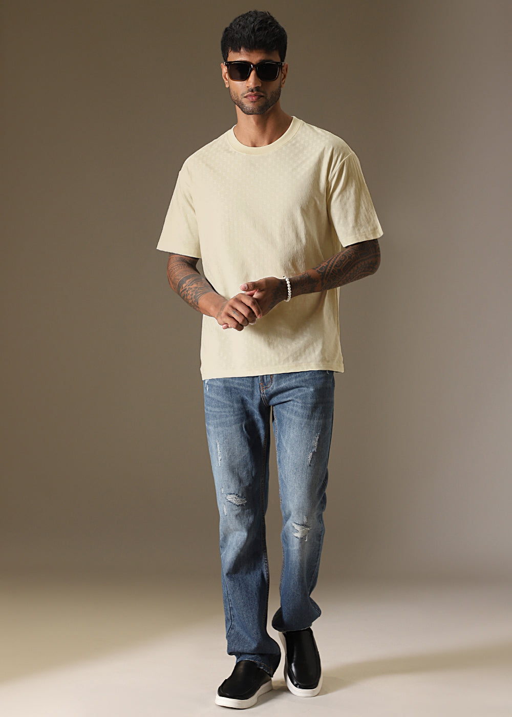 Textured Cream Plain Oversized T-shirt