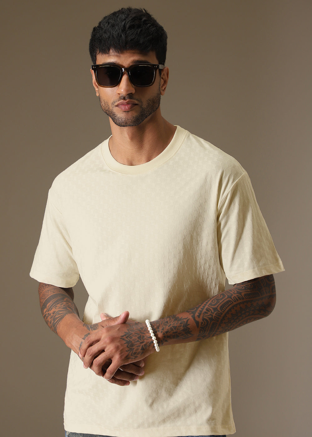 Textured Cream Plain Oversized T-shirt