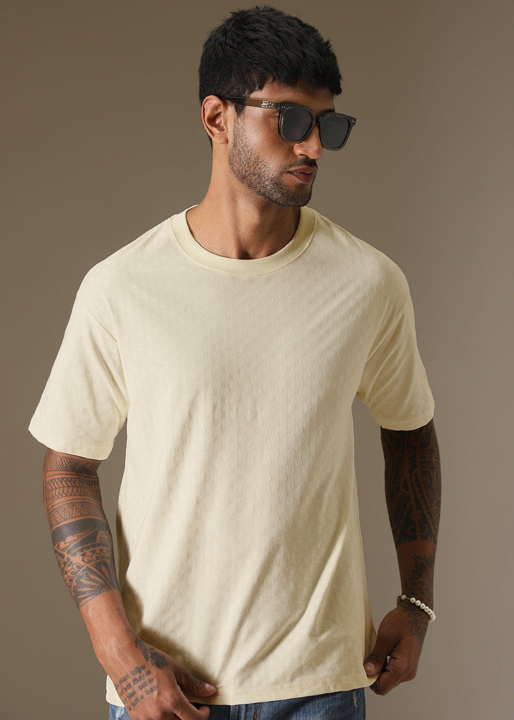 Textured Cream Plain Oversized T-shirt