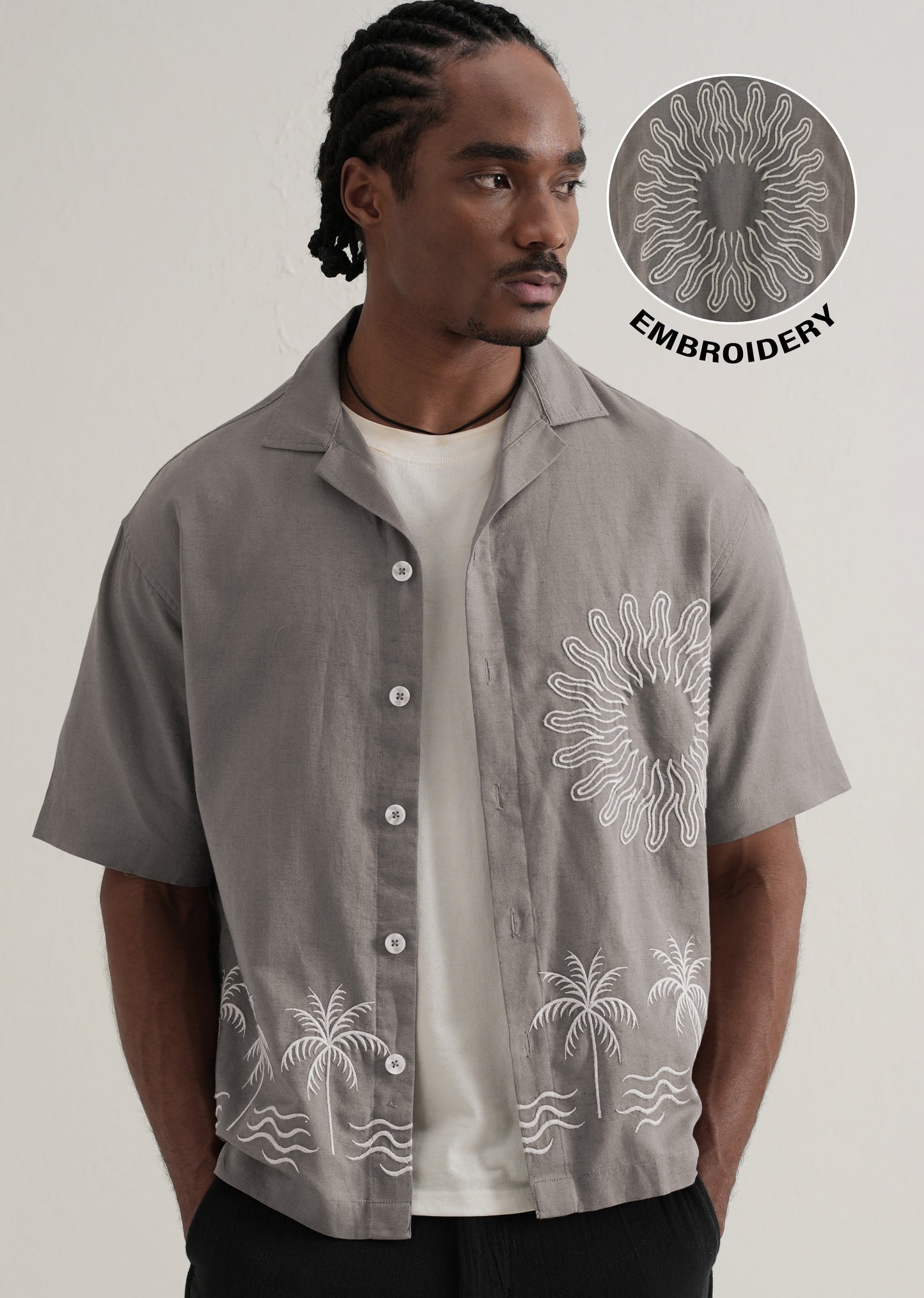 Warm Grey Embroidery Cuban Collar Shirt