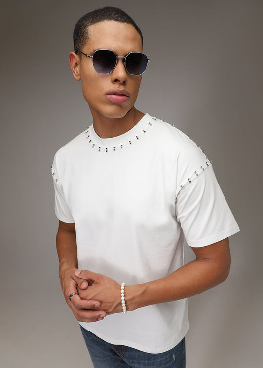 White Plain Embellishment Oversized T-shirt