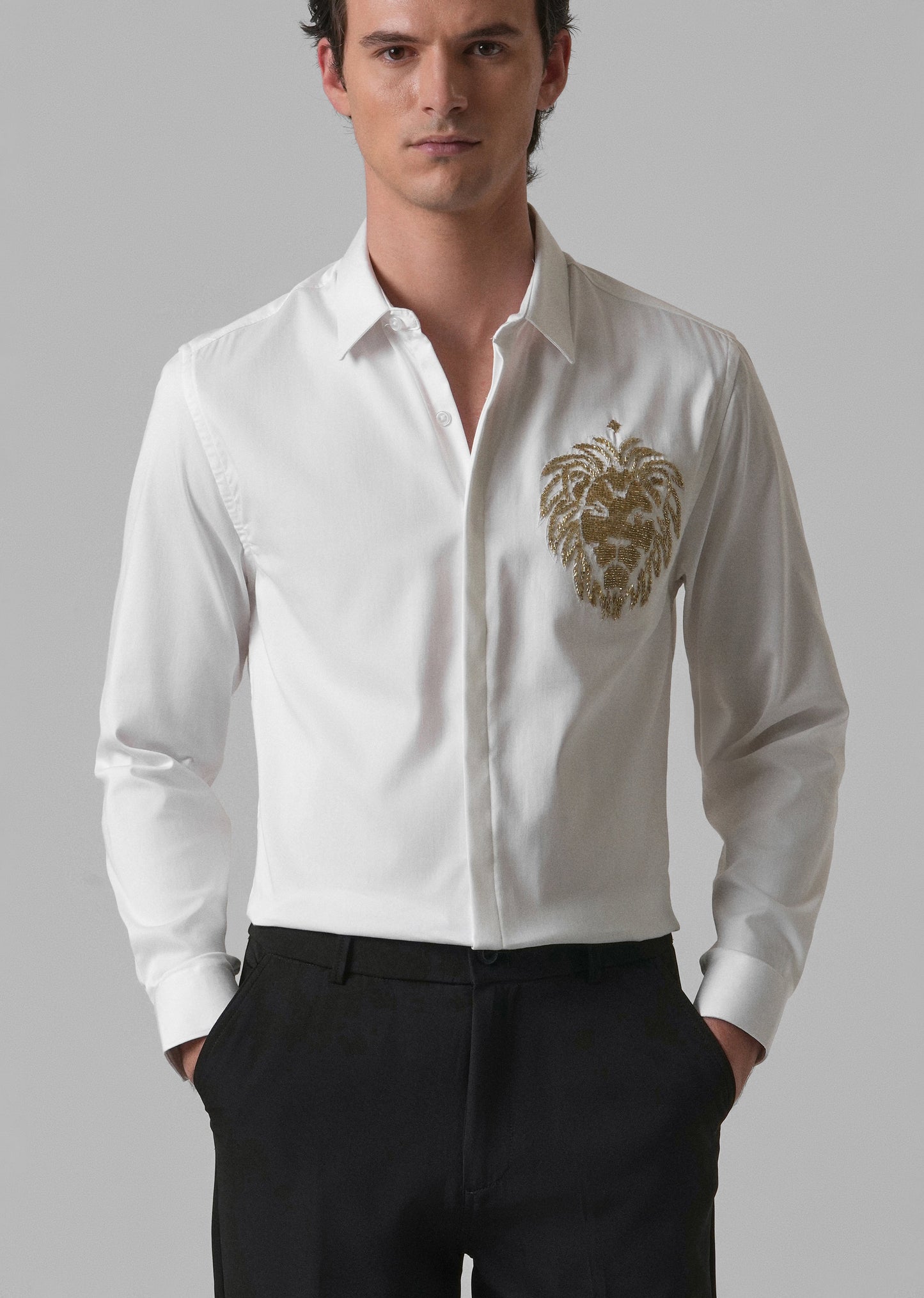 White Handcrafted Lion Embroidery Designer Shirt