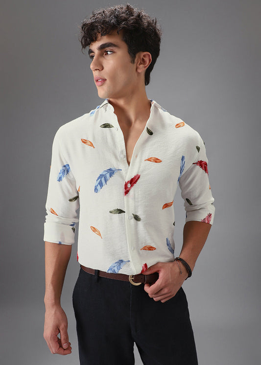 White Feather Leaf Embroidery Shirt