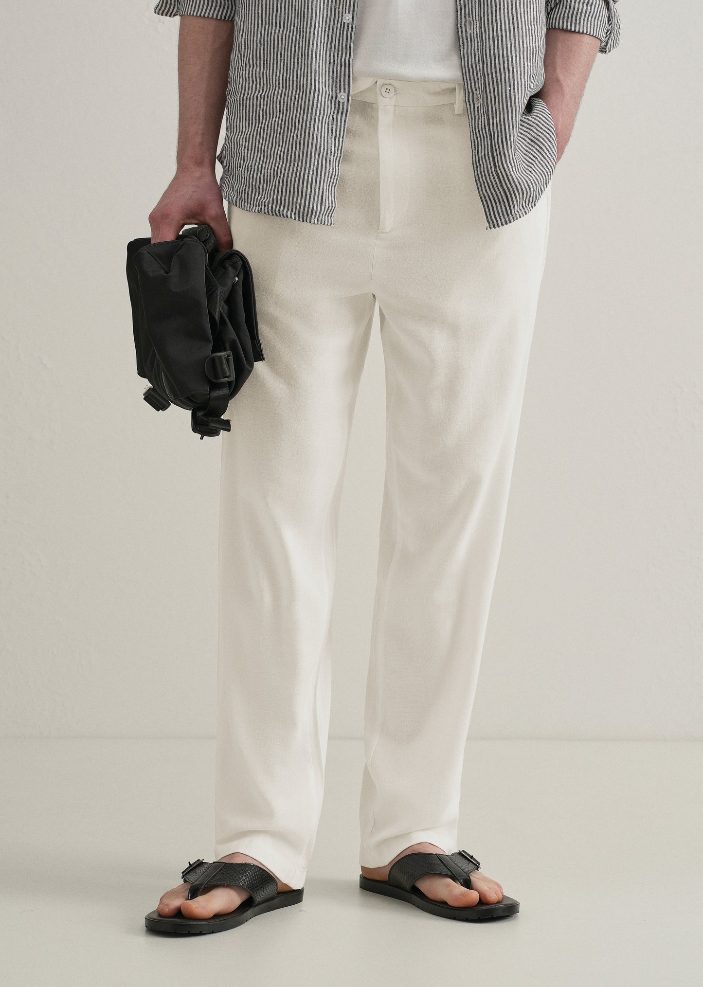 White Relaxed Fit Blended Linen Trouser