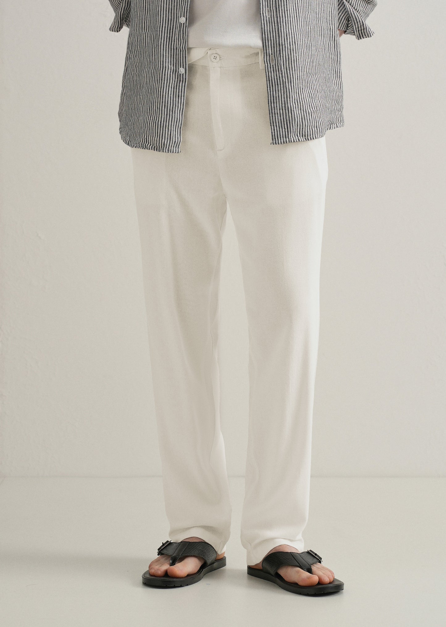 White Relaxed Fit Blended Linen Trouser