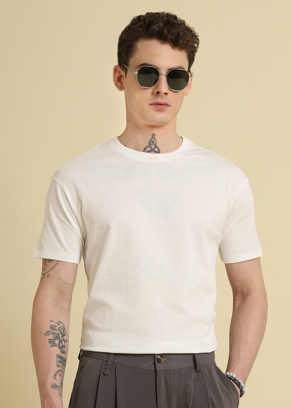 White Plain Ribbed Stripe Regular T-shirt