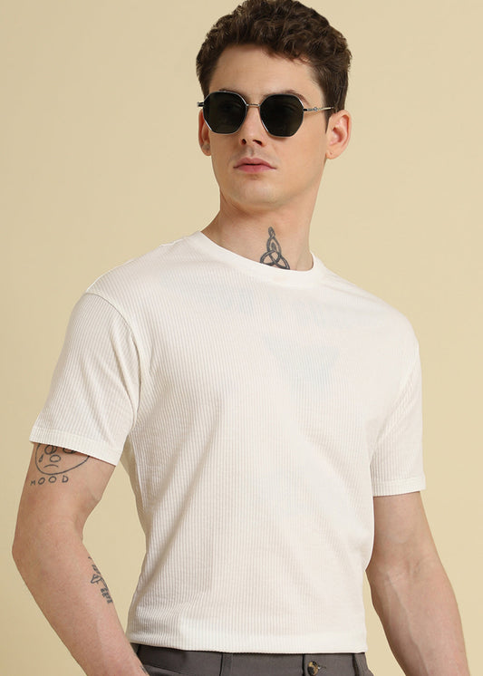 White Plain Ribbed Stripe Regular T-shirt