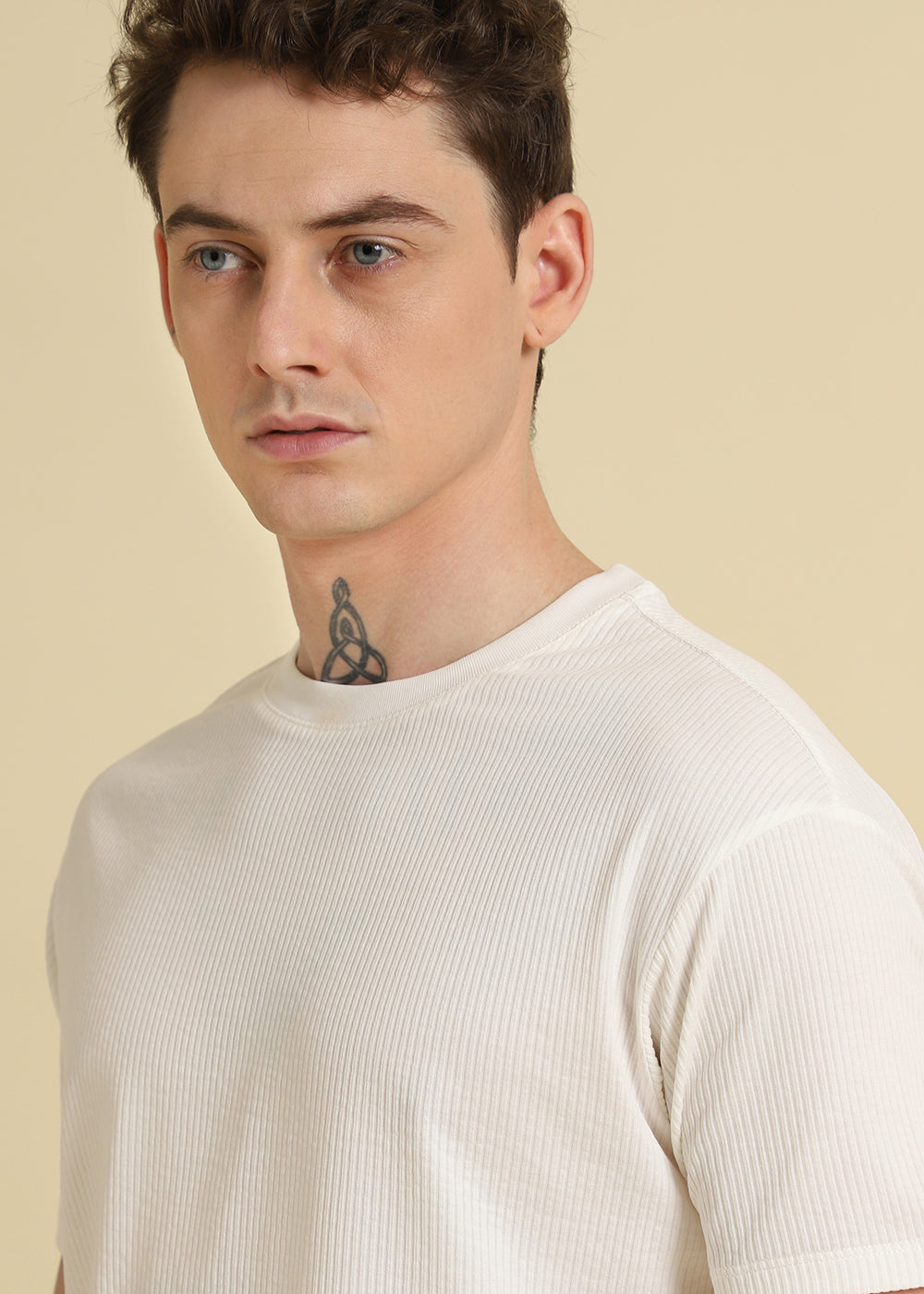 White Plain Ribbed Stripe Regular T-shirt