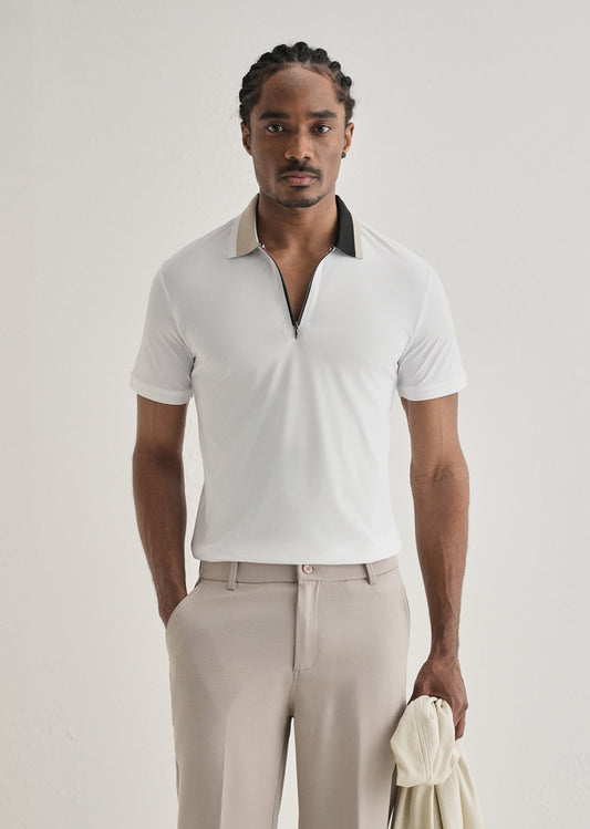 White Zipper Polo Collar Seamless T-shirt
