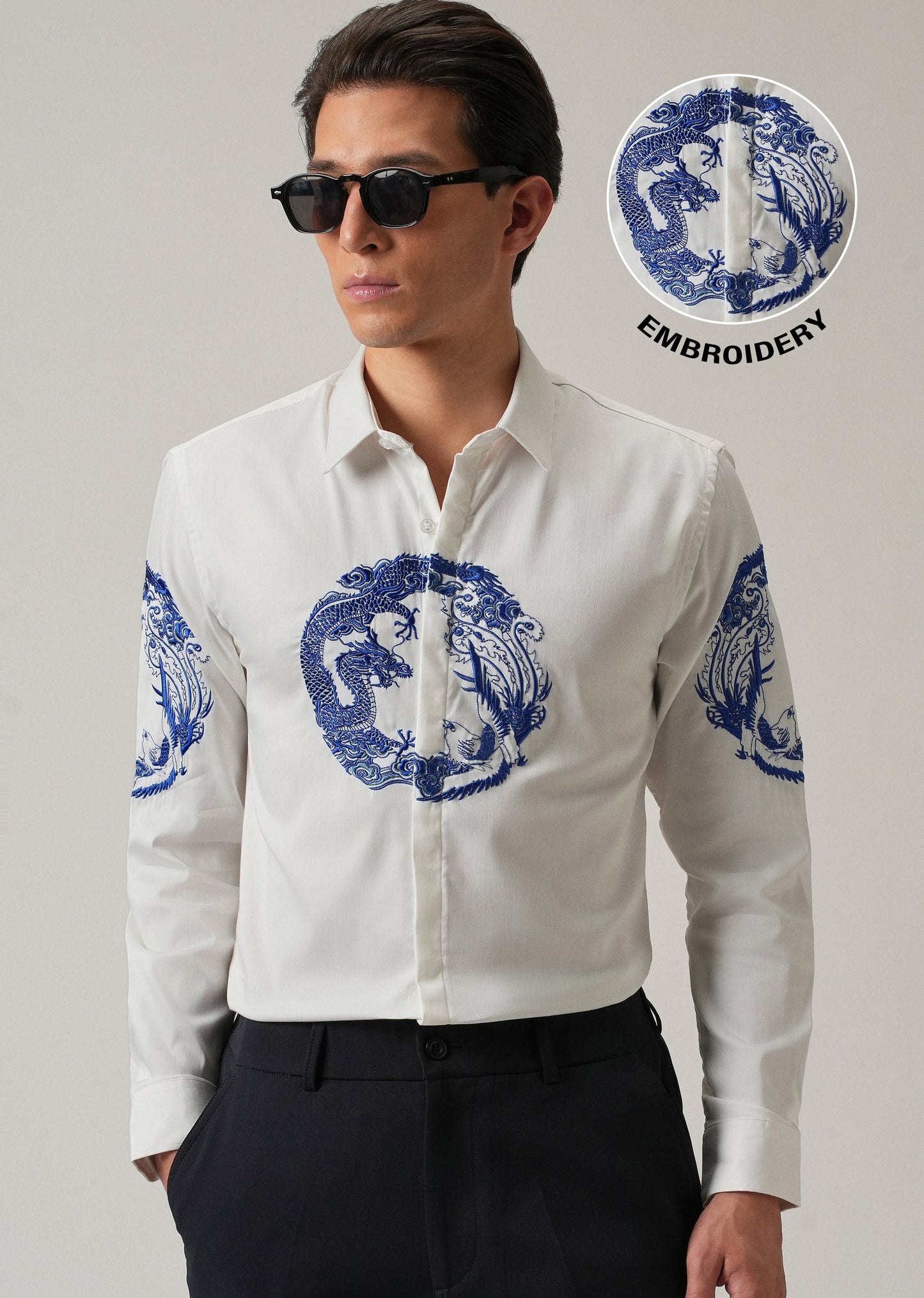 White Dragon and Phoenix Embroidery Designer Shirt