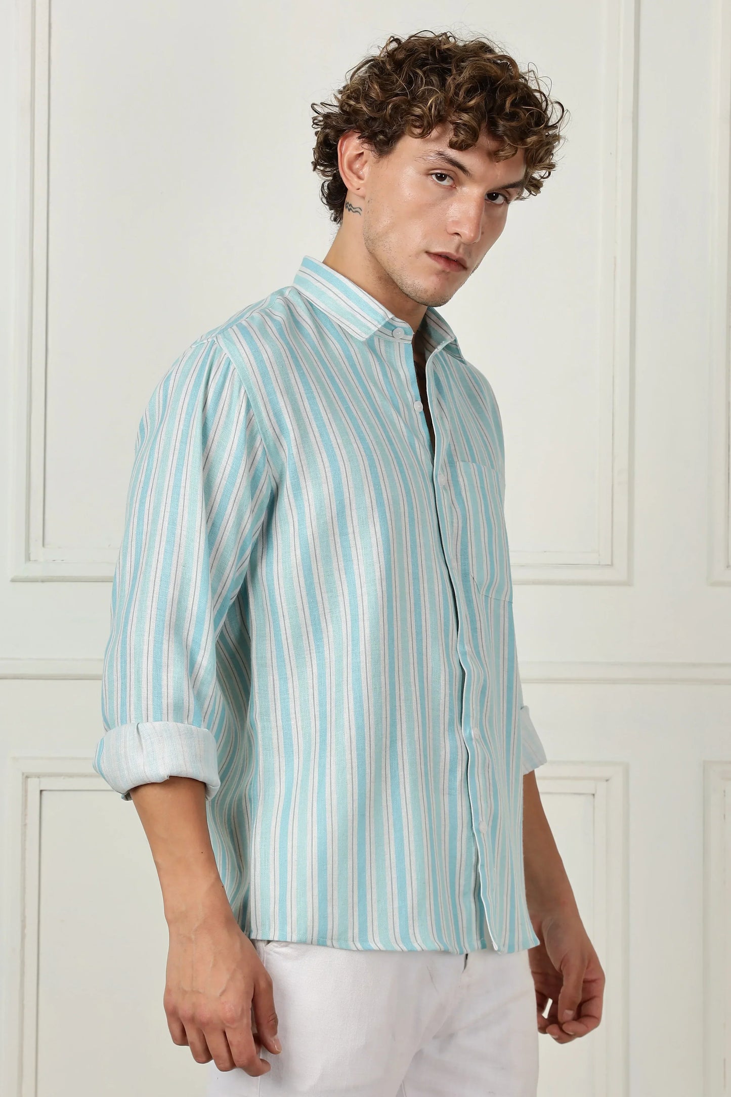 turquoise stripe printed full sleeve linen shirt