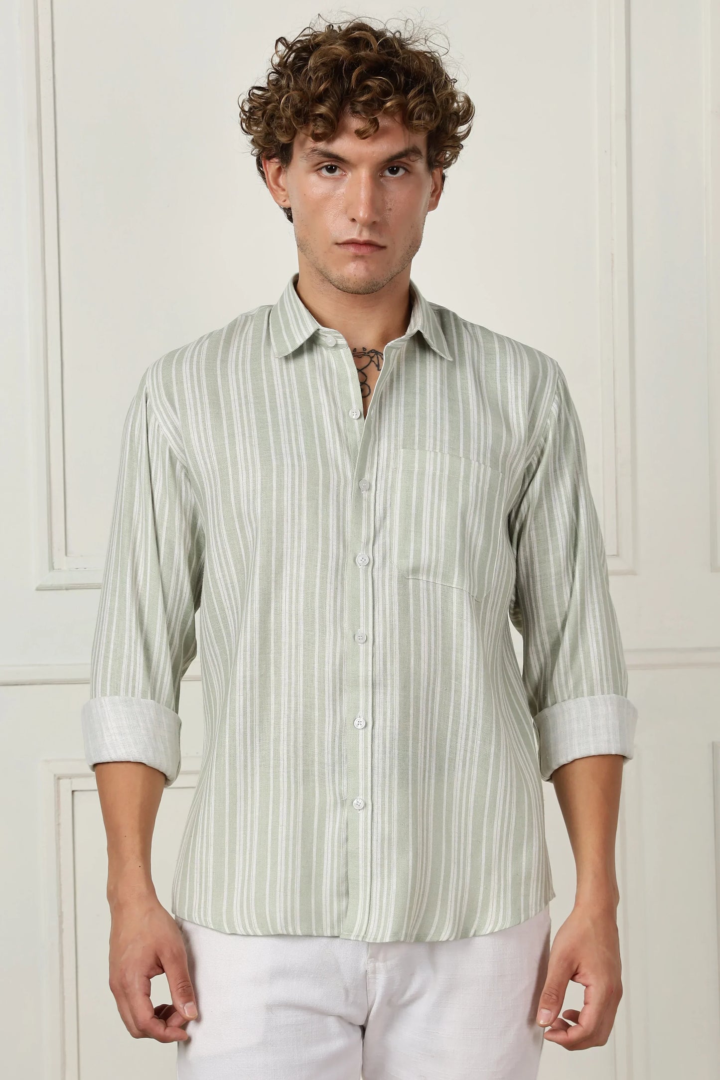 parrot green stripe printed full sleeve linen shirt