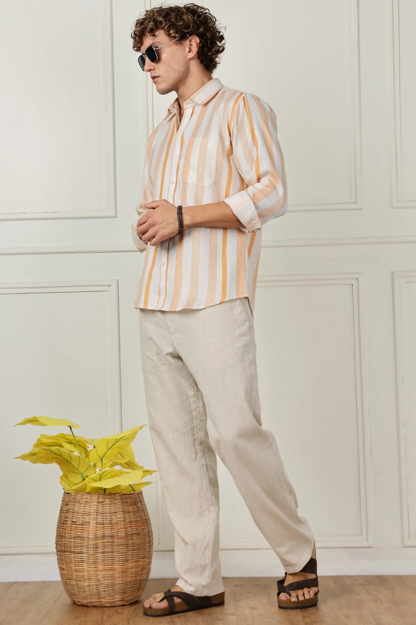 Orange stripe printed full sleeve linen shirt