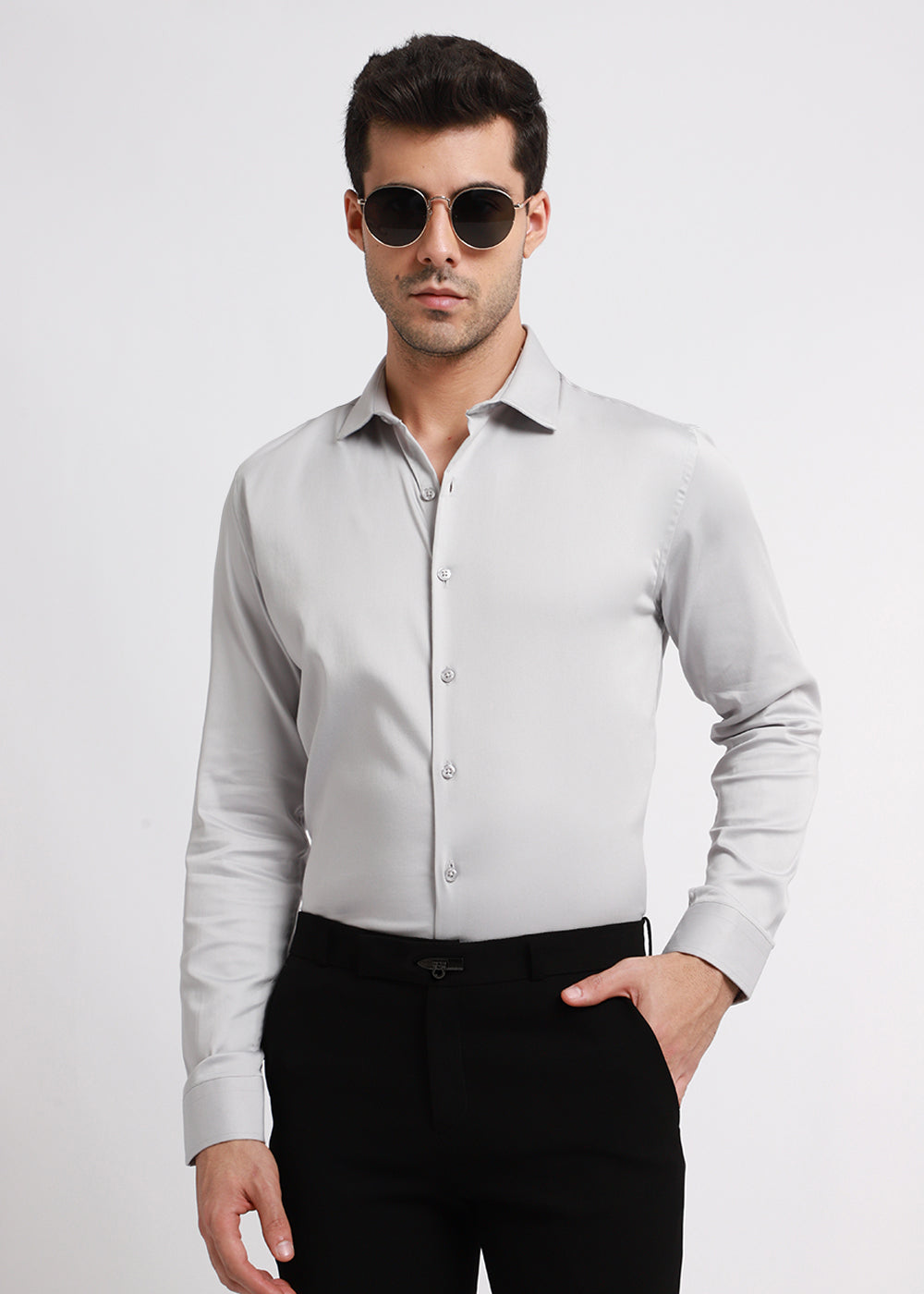 Cool Gray Plain Satin Shirt