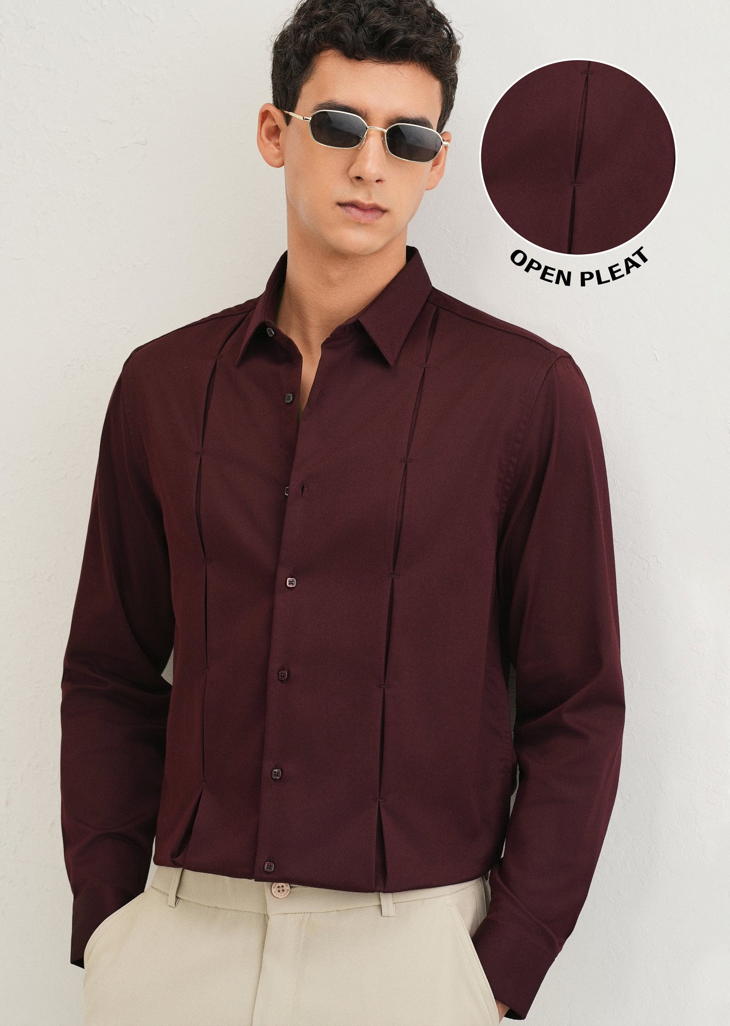 Burgundy Front Panel Open Pleat Shirt