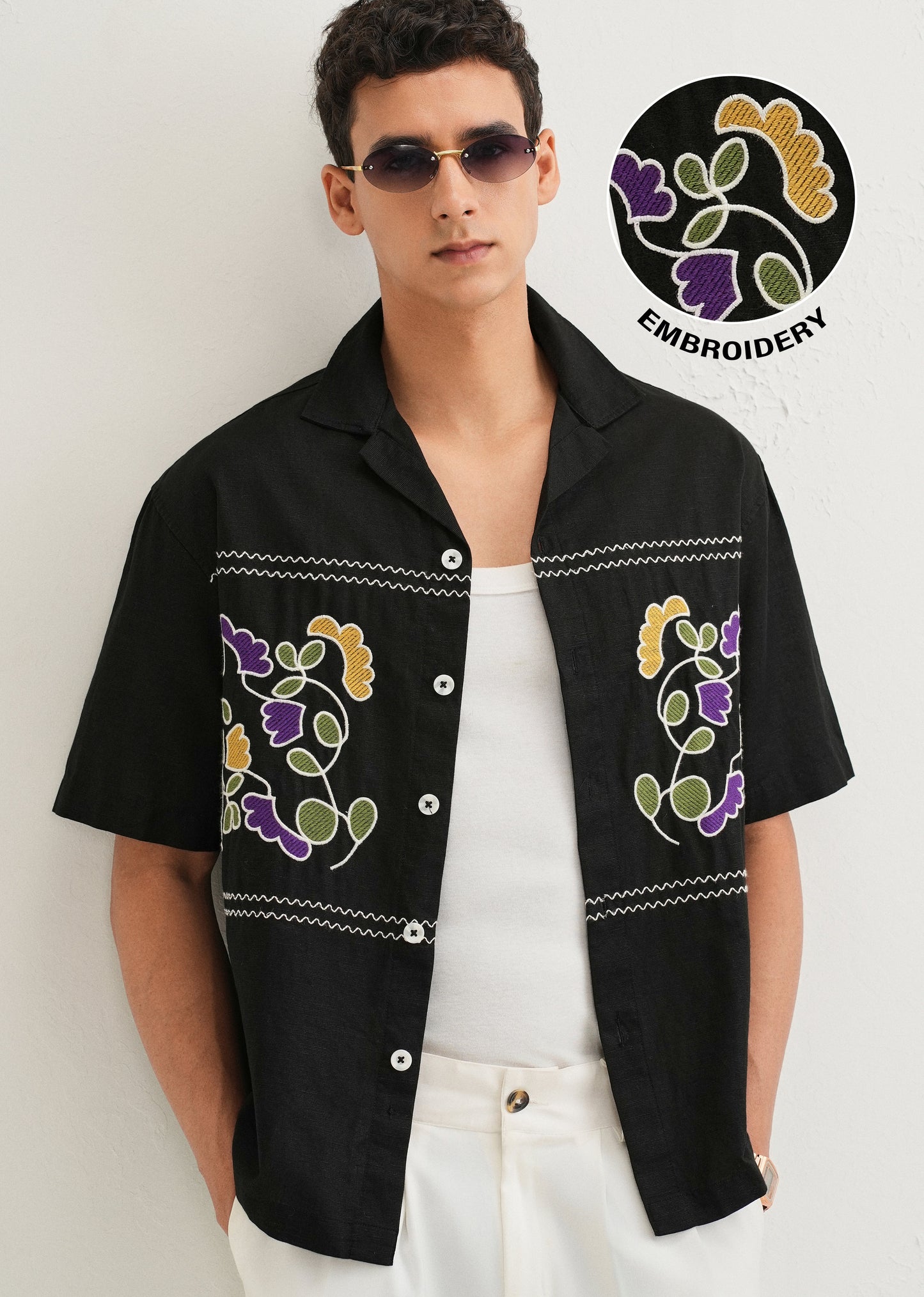 Noir Black Embroidery Cuban Collar Shirt