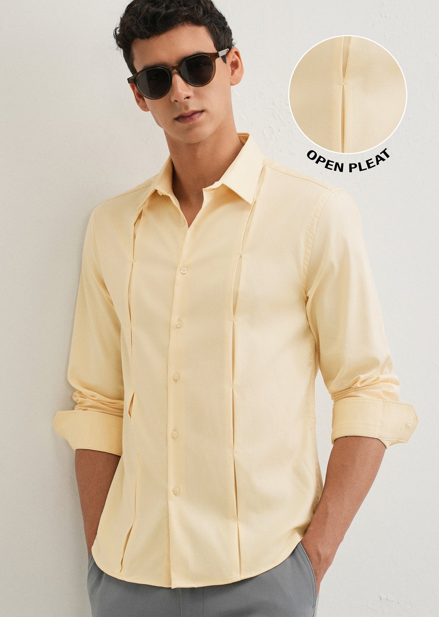 Beige Front Panel Open Pleat Shirt