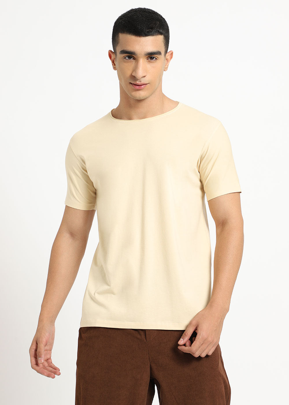 Cream Plain Crew neck T-shirt