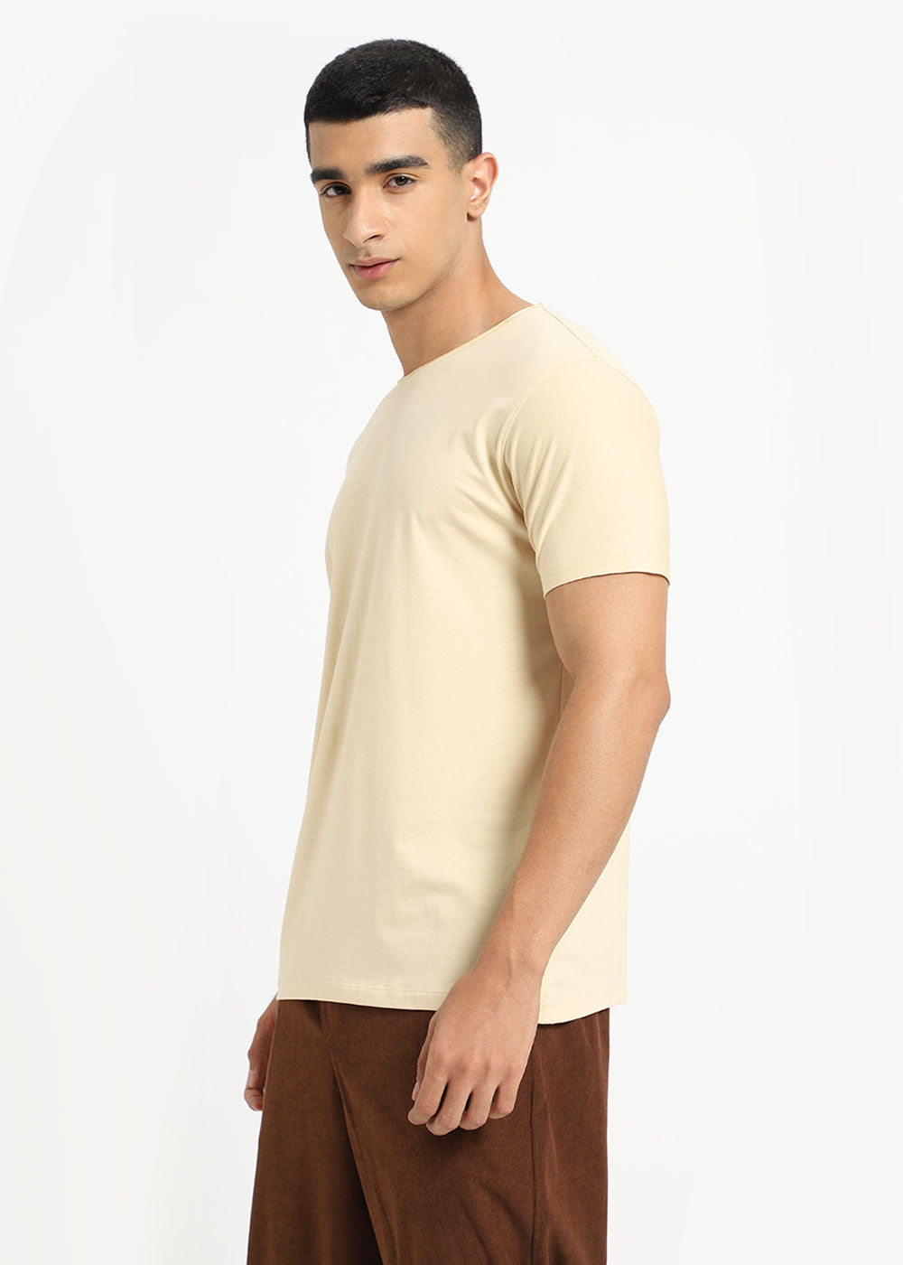 Cream Plain Crew neck T-shirt