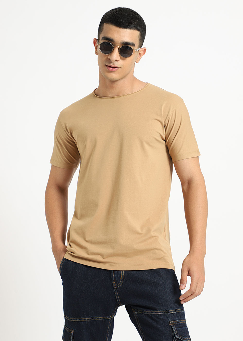 Beige Plain Crew neck T-shirt
