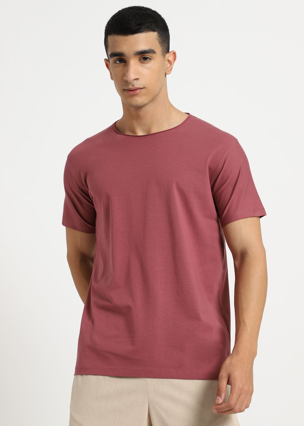 Salmon Pink Plain Crew neck T-shirt