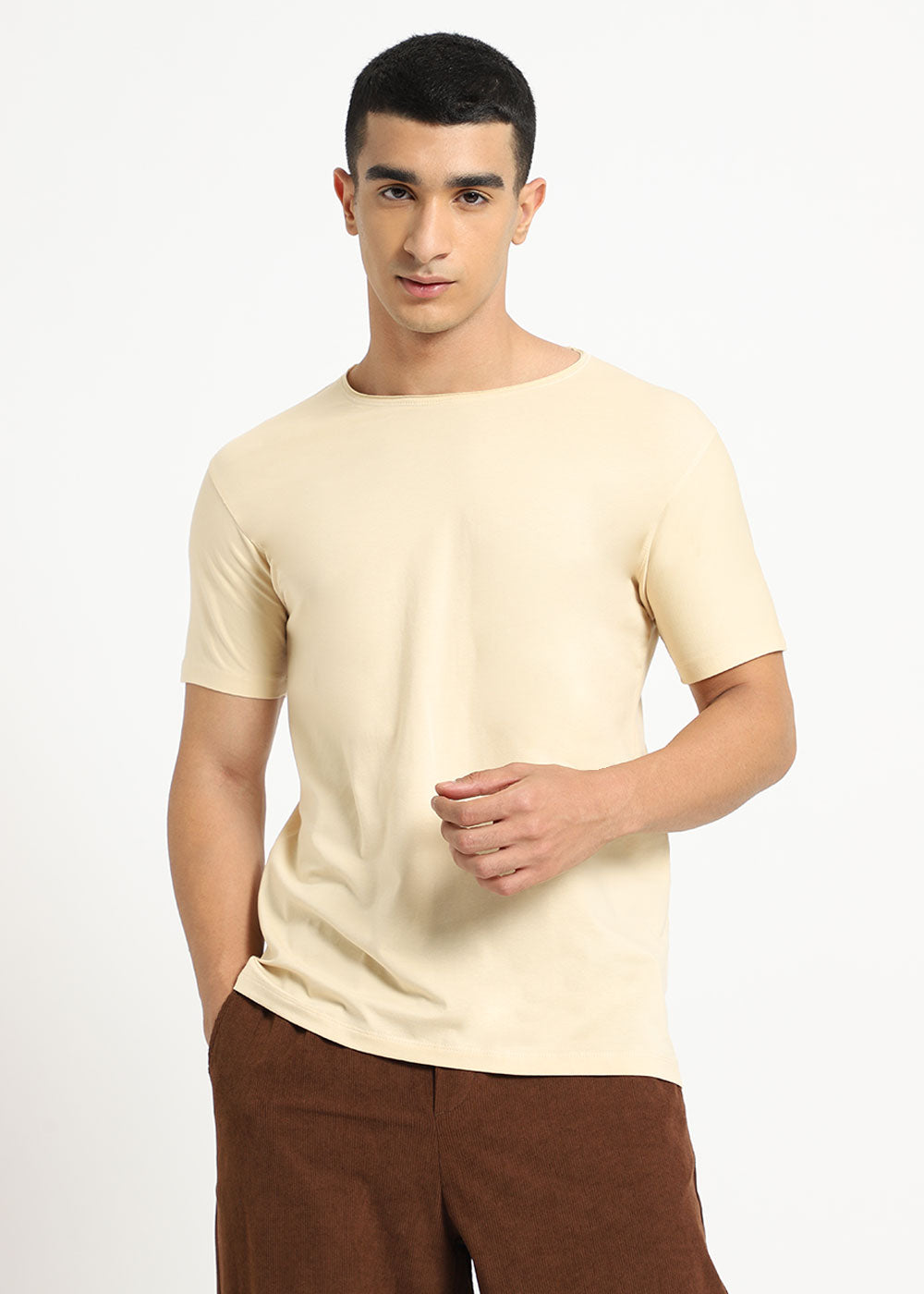 Cream Plain Crew neck T-shirt