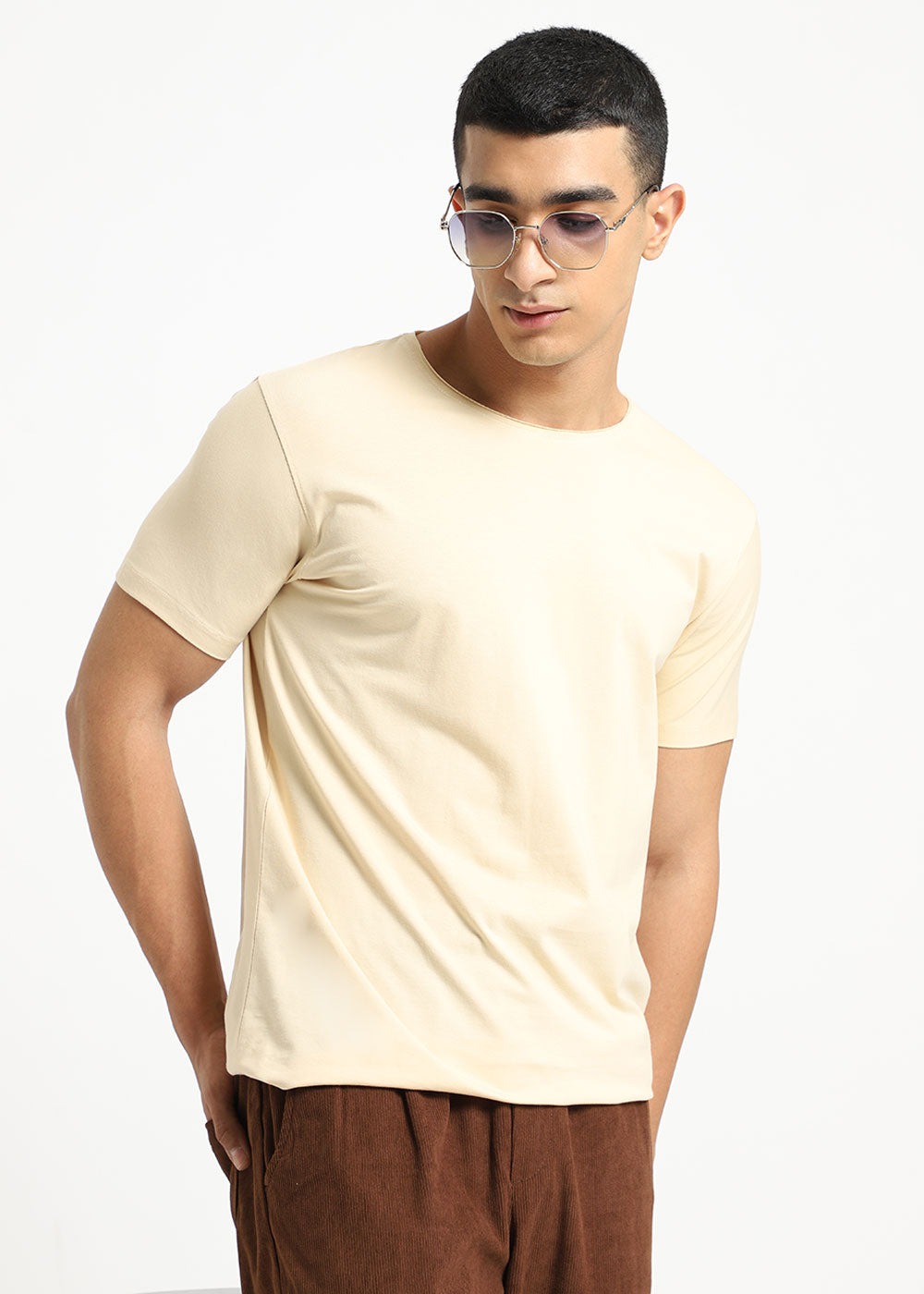 Cream Plain Crew neck T-shirt