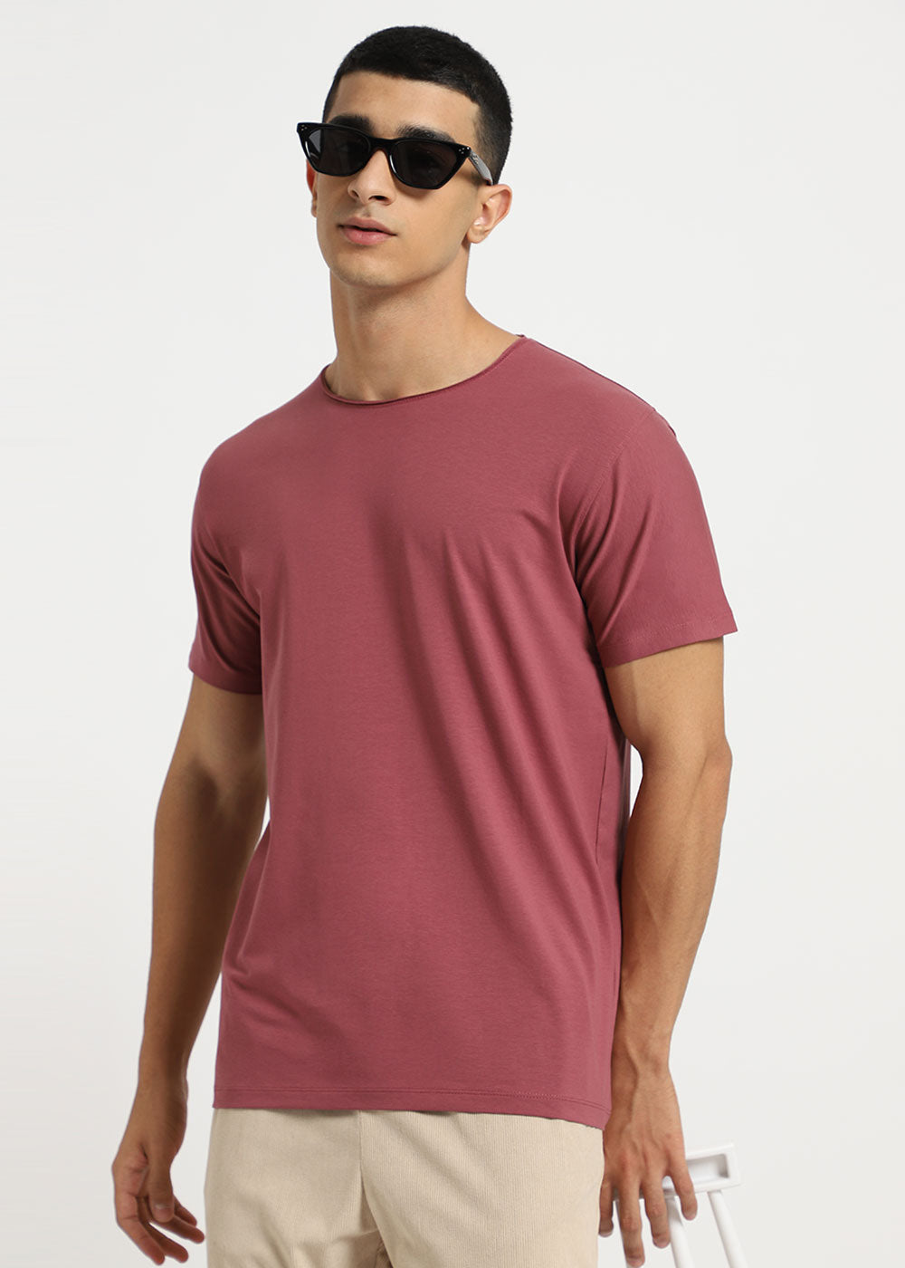 Salmon Pink Plain Crew neck T-shirt
