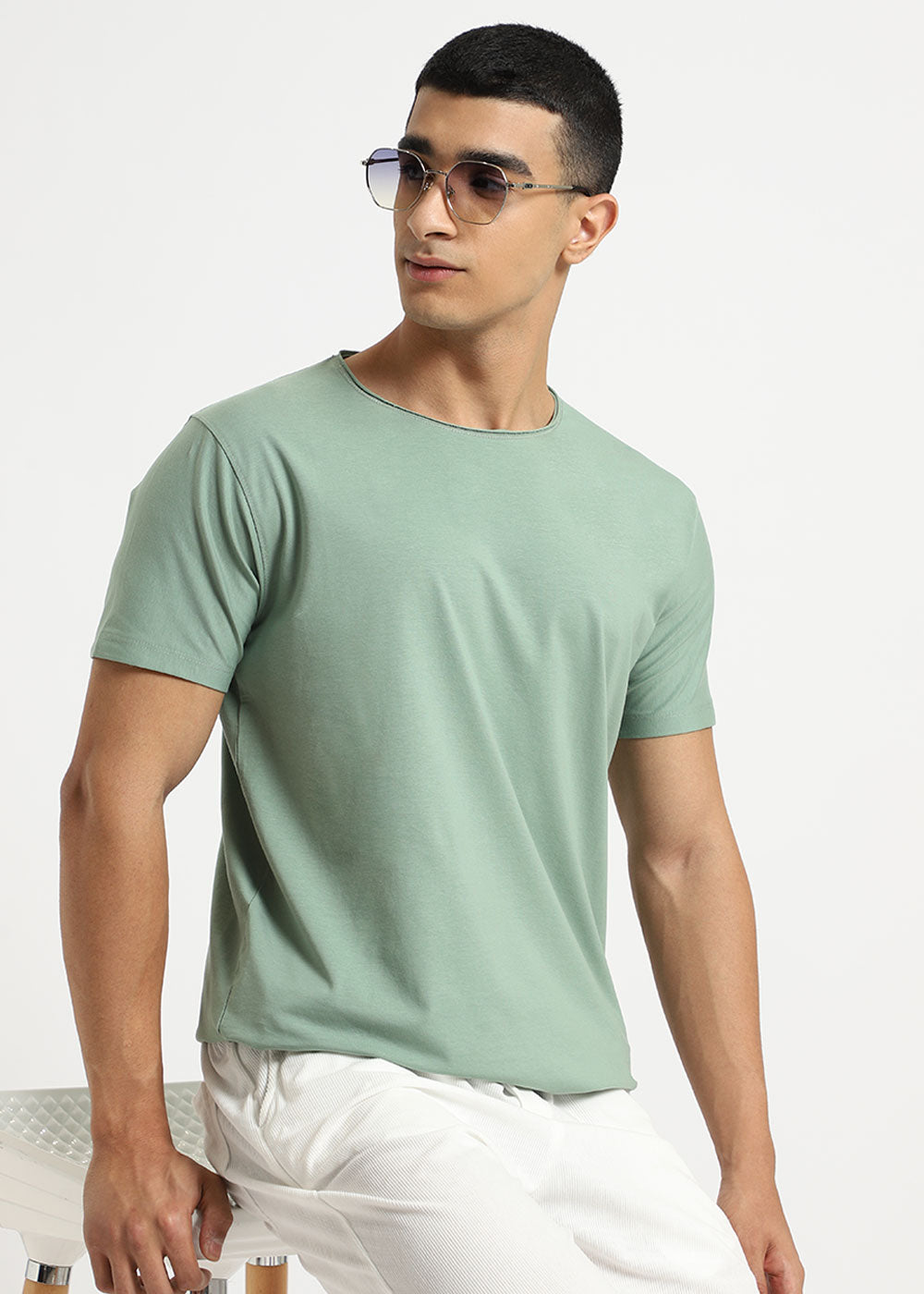 Sea Green Plain Crew neck T-shirt