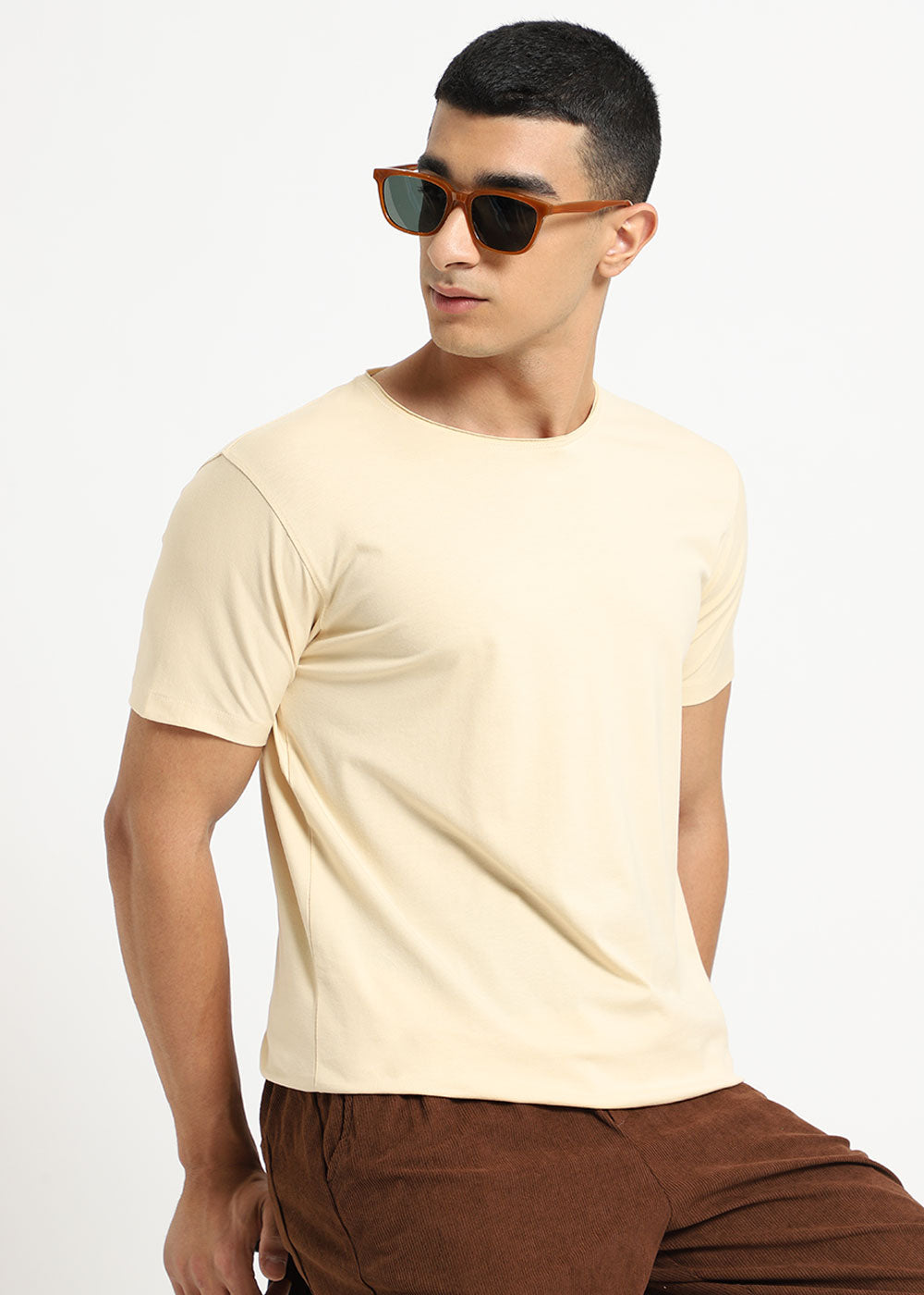 Cream Plain Crew neck T-shirt