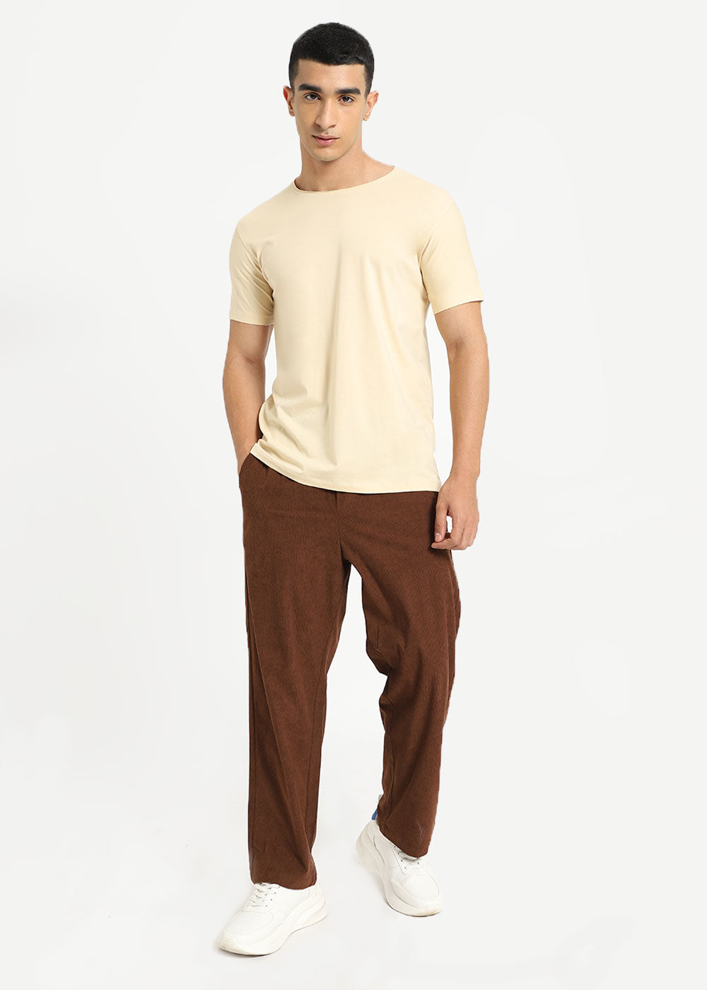 Cream Plain Crew neck T-shirt