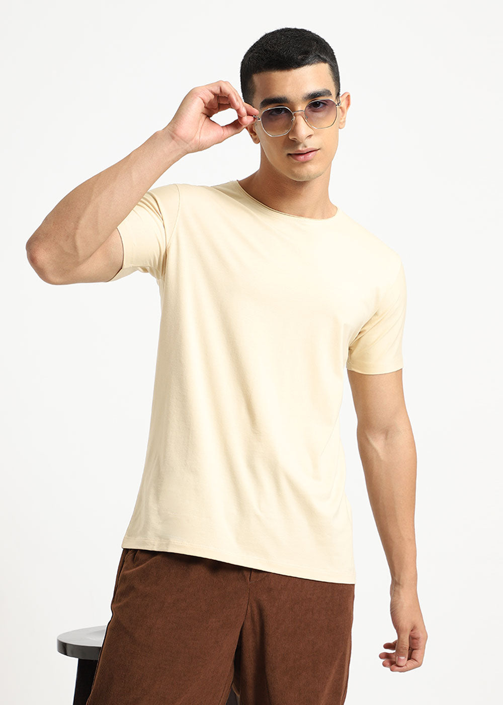 Cream Plain Crew neck T-shirt