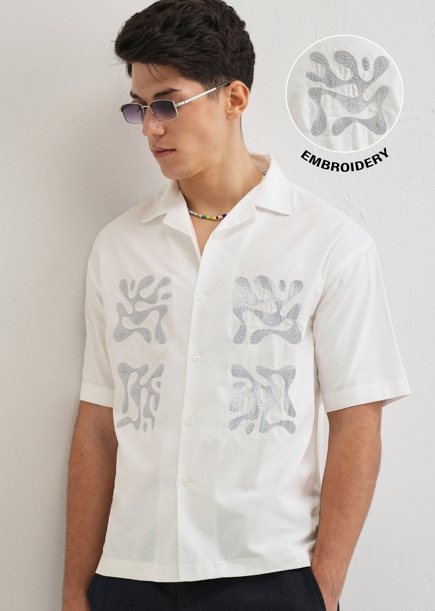 White Embroidery Cuban Collar Cotton Shirt