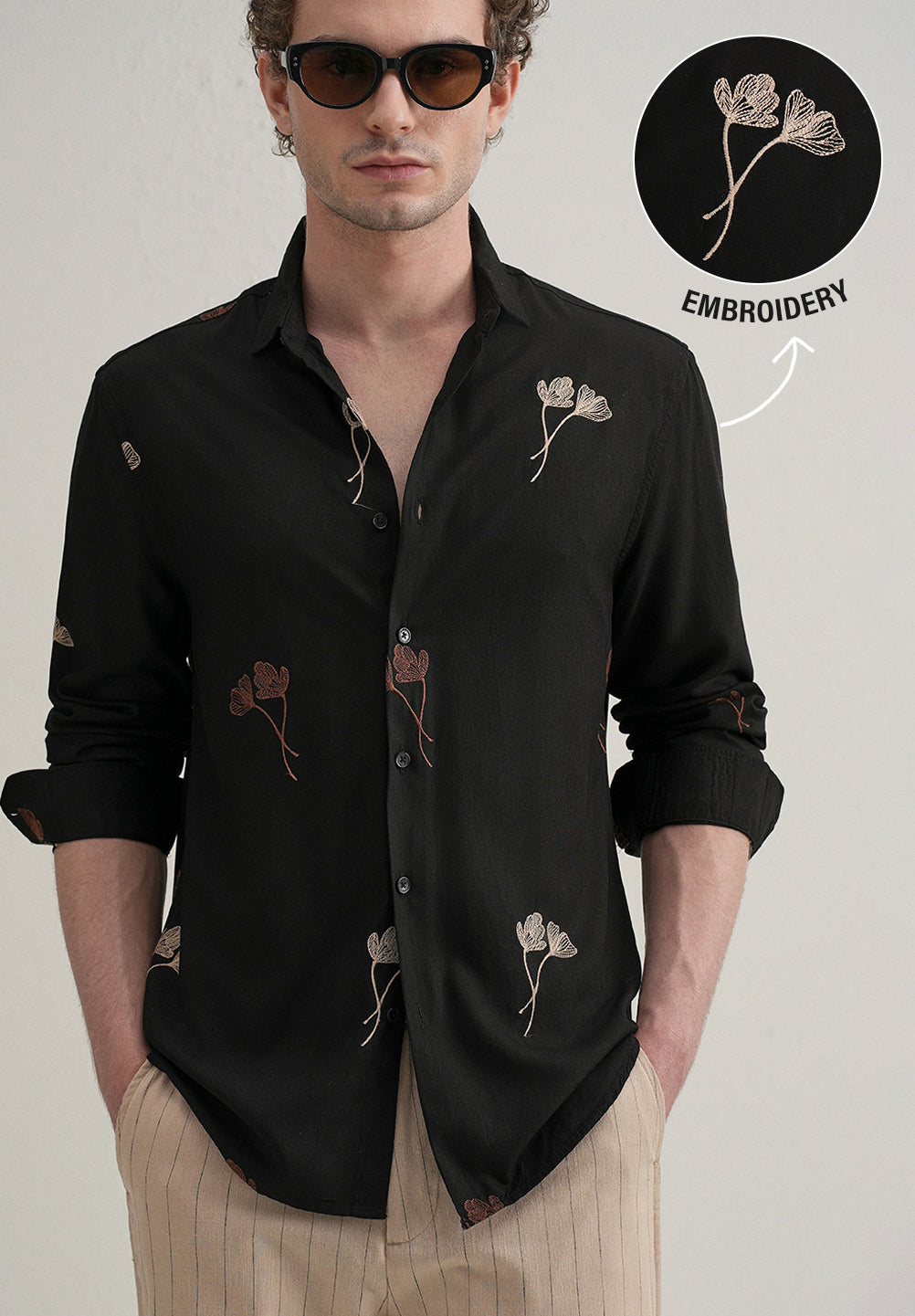 Black Floral Motif Embroidery Shirt