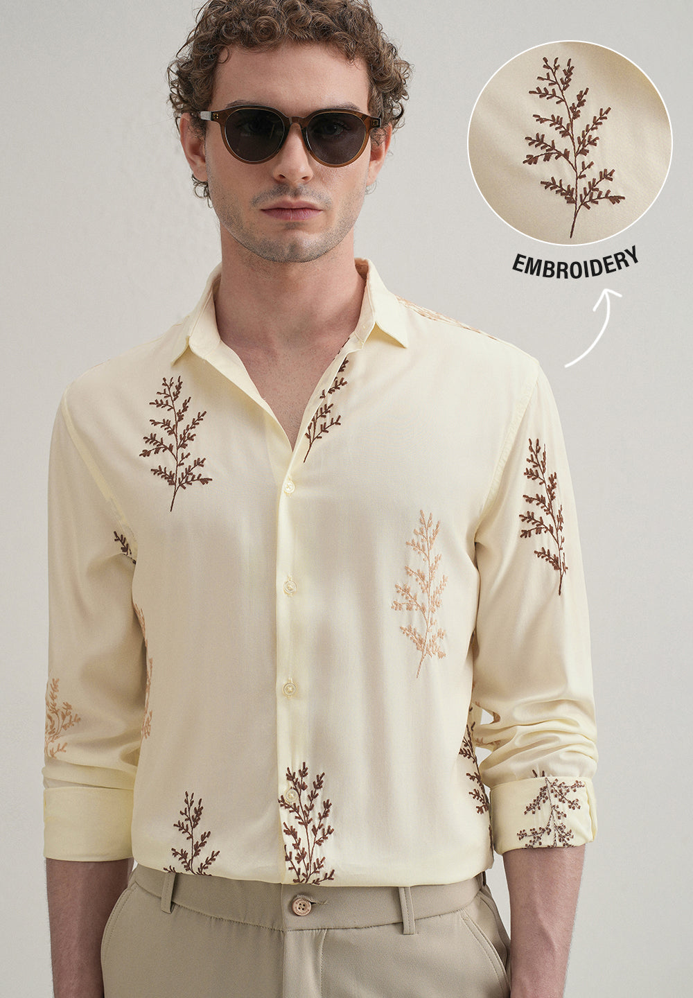 Cream Botanical Embroidery Shirt