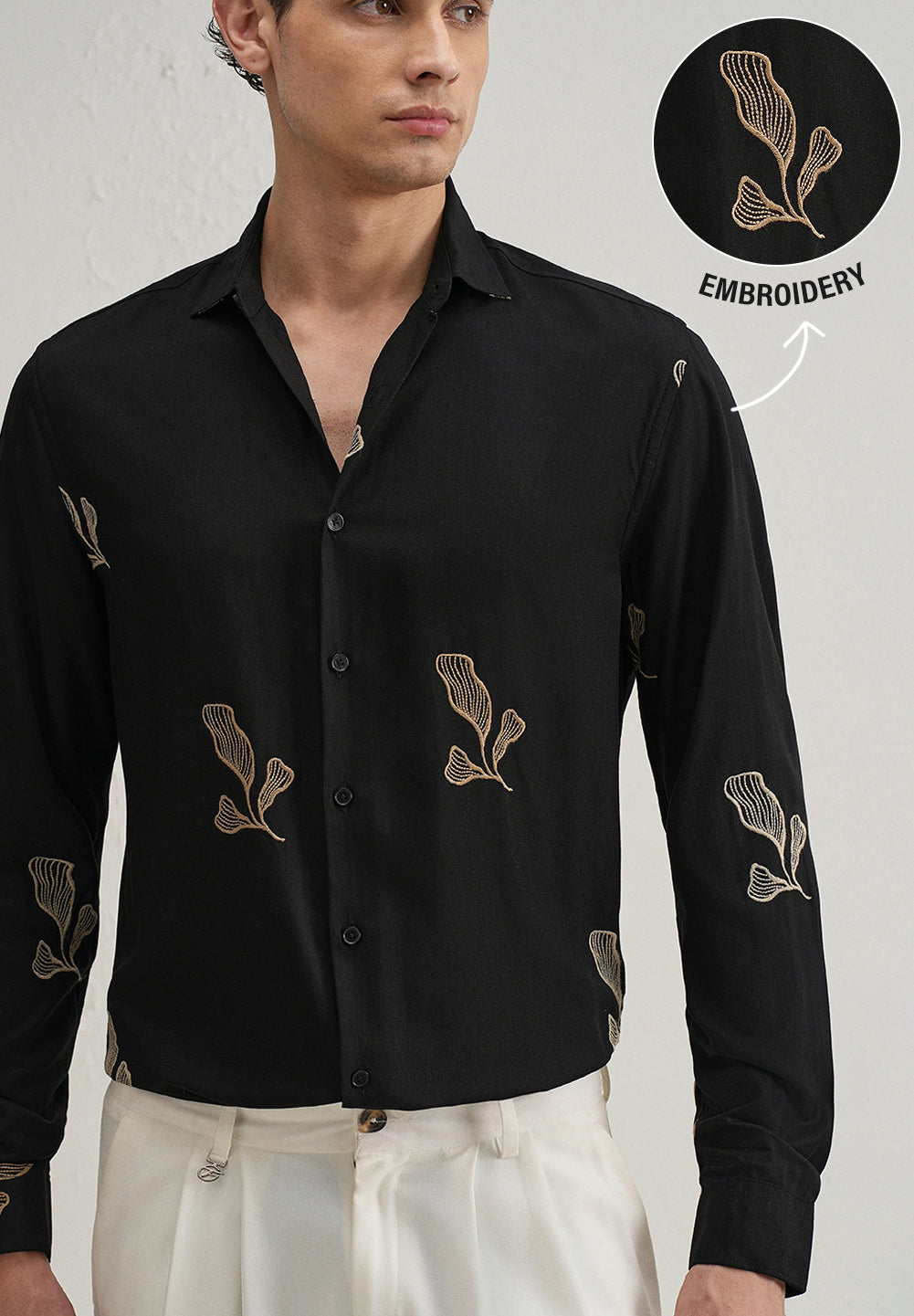 Black Leaf Motif Embroidery Shirt